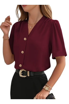 Blouses for Women Dressy Casual Short Sleeve V Neck Button Down Shirts Pleated Summer Business Office Work Tops
