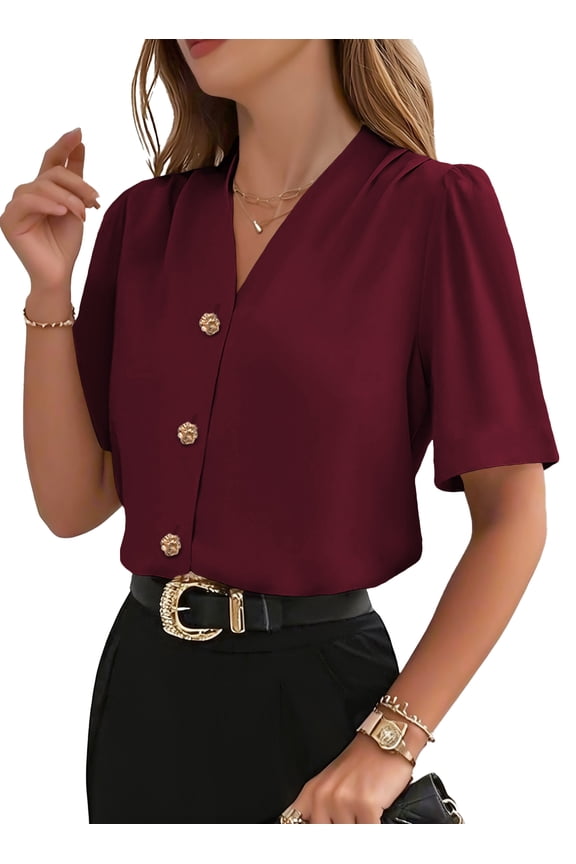 Blouses for Women Dressy Casual Short Sleeve V Neck Button Down Shirts Pleated Summer Business Office Work Tops