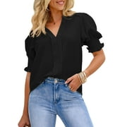 SHEWIN Blouses for Women Dressy Casual Summer Puff Ruffle Short Sleeve Shirt Tops Pink