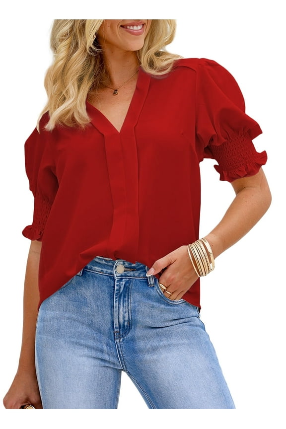 Blouses for Women Dressy Casual Summer Puff Ruffle Short Sleeve Shirt Tops Red