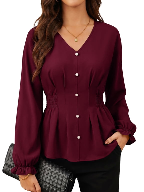 Blouses for Women Dressy Casual V Neck Long Sleeve Smocked Waisted Shirts Business Office Work Fall Peplum Tops with Decorative Buttons