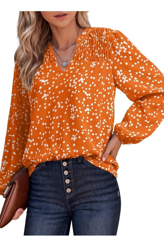 Boho Tops for Women Pleated Long Sleeve V Neck Smocked Casual Boho Floral Printed Chiffon Shirt Blouses Orange L
