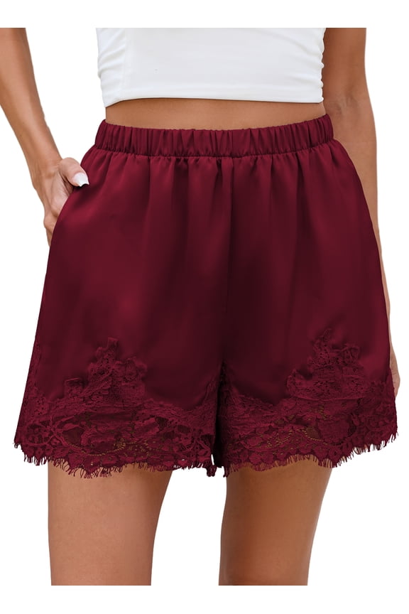Casual Womens Shorts Elastic Waist Lace Satin Silk Shorts Pajama Bottoms Cute Summer Beach Pants with Pockets