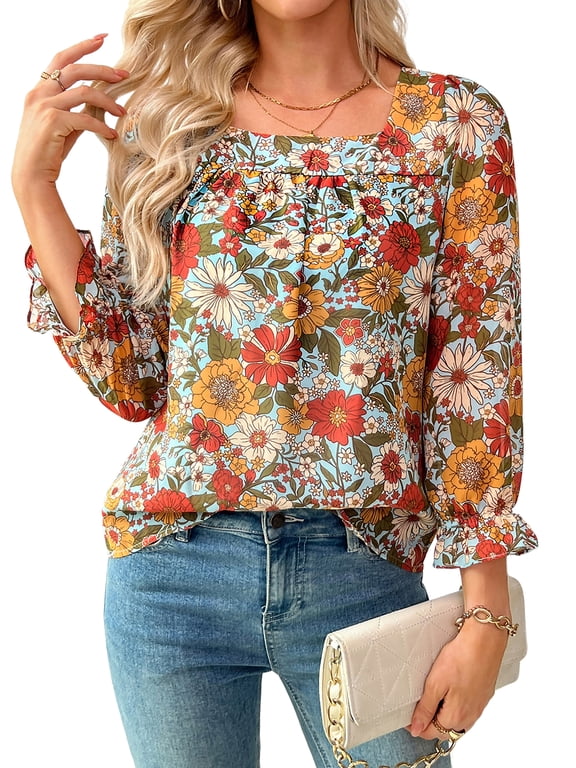 Chiffon Blouses for Women Tunics Tops Square Neck Shirts 3/4 Sleeve Business Shirts Trendy Top with Elastic Cuffs Floral M
