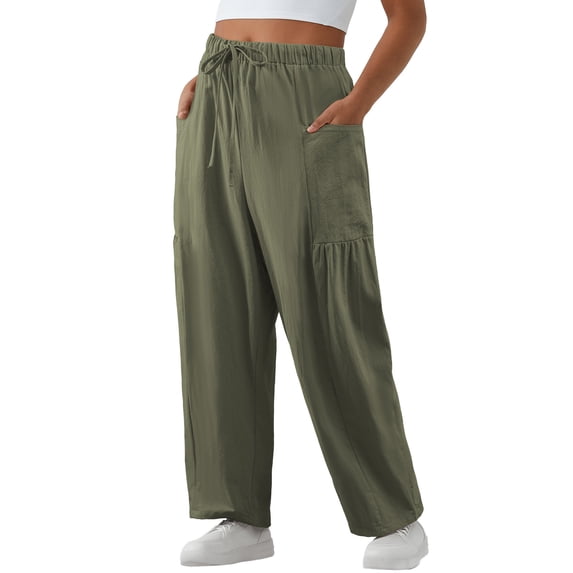 SHEWIN Cotton Pants Women Plus Size Pants Wide Leg Pants Drawstring Elastic Waist Lounge Pants Lightweight with Pockets