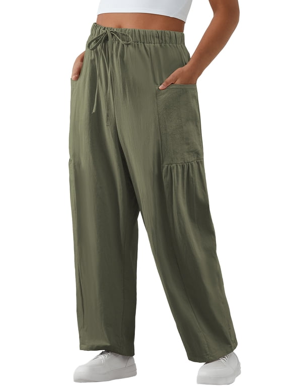 Cotton Pants Women Plus Size Pants Wide Leg Pants Drawstring Elastic Waist Lounge Pants Lightweight with Pockets