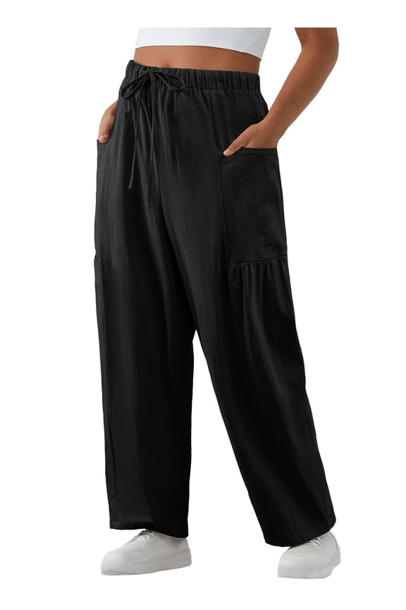 Cotton Pants Women Plus Size Pants Wide Leg Pants Drawstring Elastic Waist Lounge Pants Lightweight with Pockets