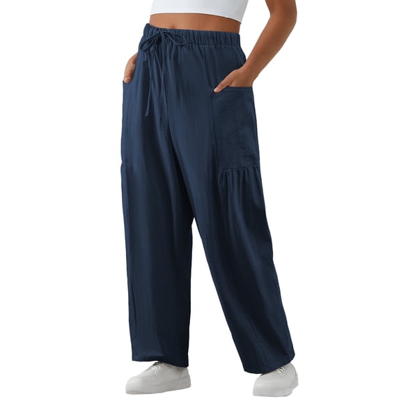 SHEWIN Cotton Pants Women Plus Size Pants Wide Leg Pants Drawstring Elastic Waist Lounge Pants Lightweight with Pockets