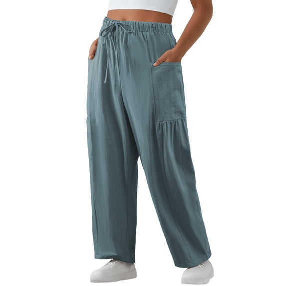 SHEWIN Cotton Pants Women Plus Size Pants Wide Leg Pants Drawstring Elastic Waist Lounge Pants Lightweight with Pockets