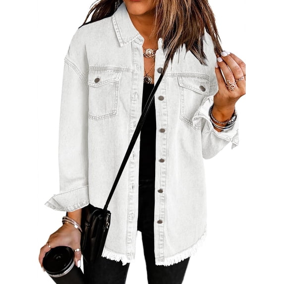 SHEWIN Denim Jacket for Women Shackets Denim Casual Light Jean Jackets Boyfriend Distressed Fall Coat White