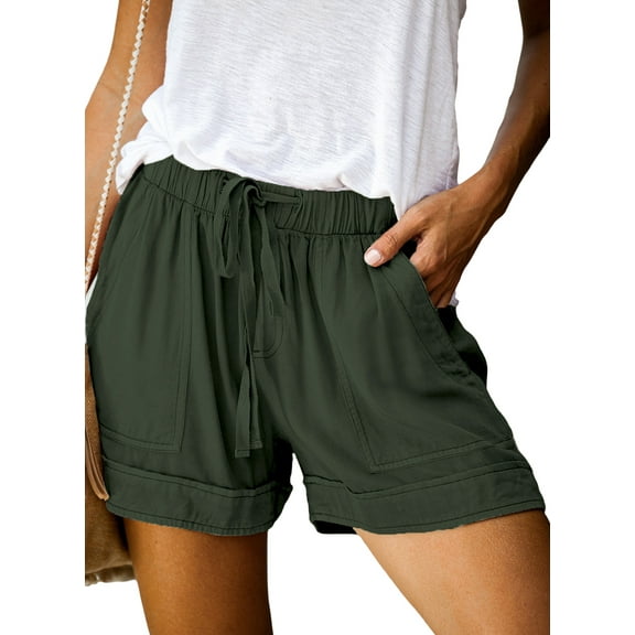SHEWIN Drawstring Shorts Women High Waisted Comfy Casual Loose Elastic Waist Pocketed Short Pants Green