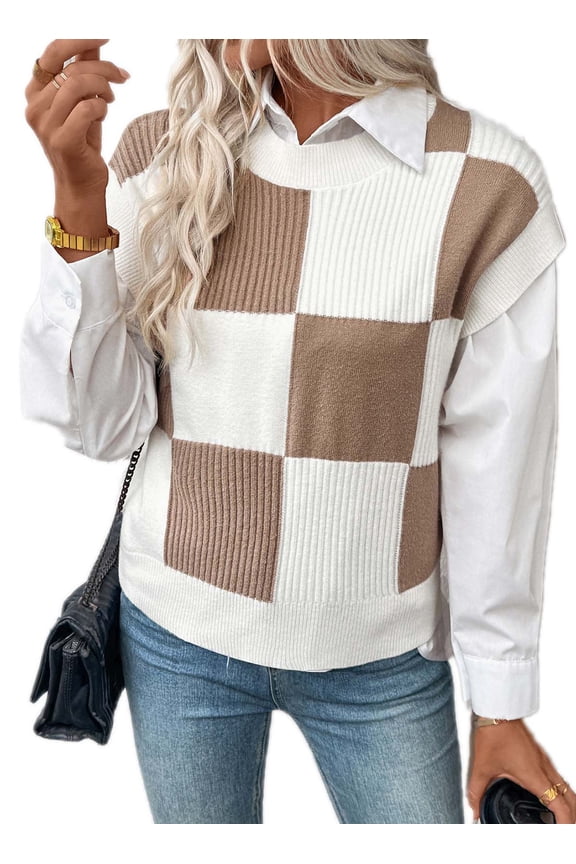 Fall Sweaters for Women 2025 Trendy Cap Sleeve Sweater Vest Crewneck Color Block Knit Tops Short Sleeve Sweater for Women Dark Khaki L