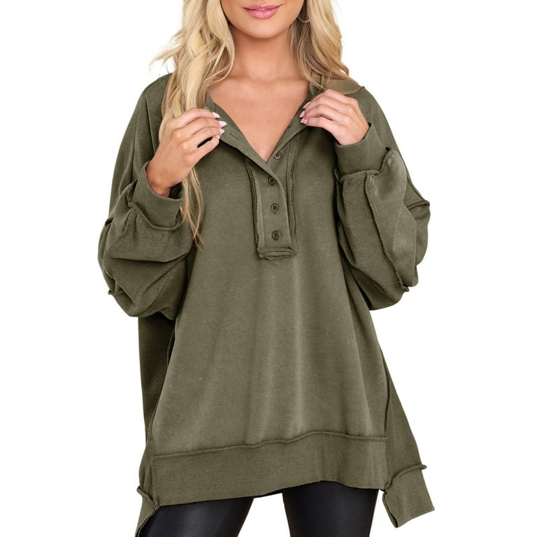 SHEWIN Sweatshirts for Women Oversized Button Down Henley Sweatshirts Autumn Winter Cute Solid Color Patchwork Pullover Tunic Top Green