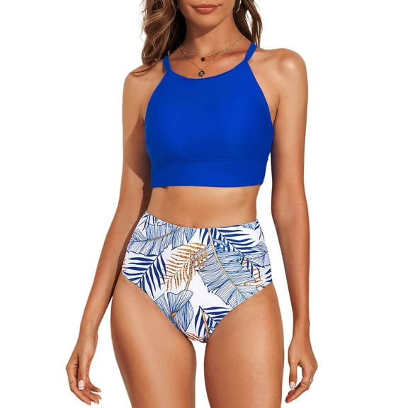 SHEWIN High Neck Tropical Leaf Print High Waisted Racerback Top with Bottom (Women), 2-Piece Set