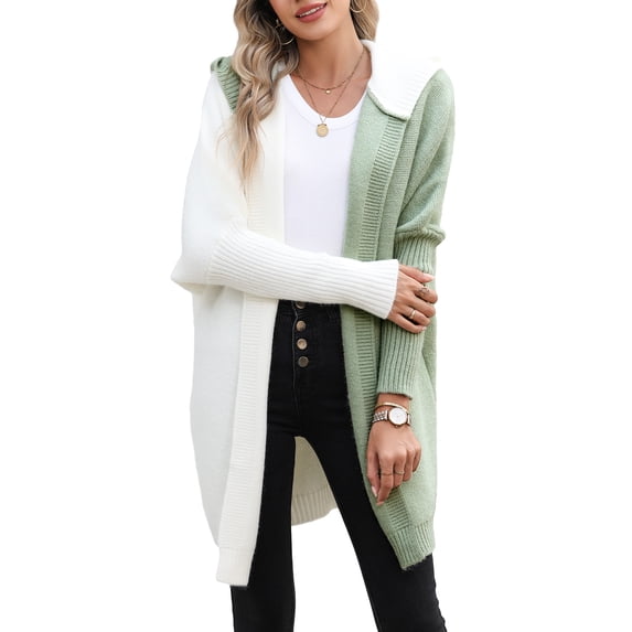 SHEWIN Hooded Cardigans Sweaters for Women Open Front Long Sleeve Knit Sweater Color Block Coat Outwear Green