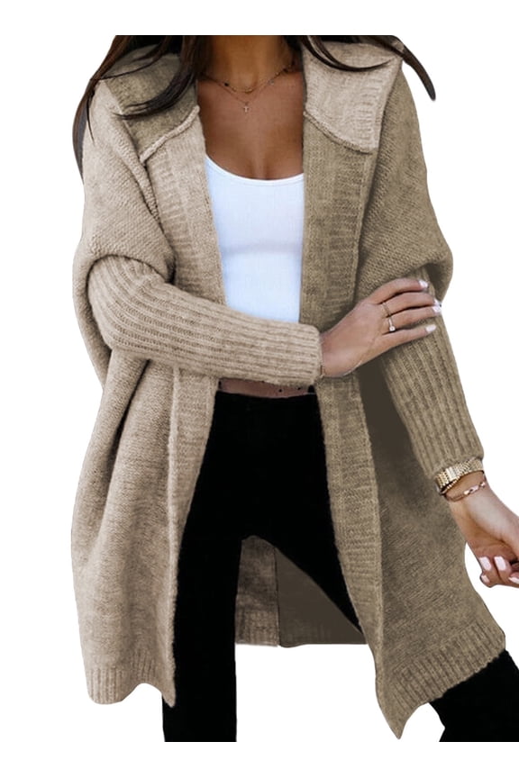 Hooded Cardigans Sweaters for Women Oversized Long Sleeve Color Block Patchwork Outerwear Coat Brown S-2XL