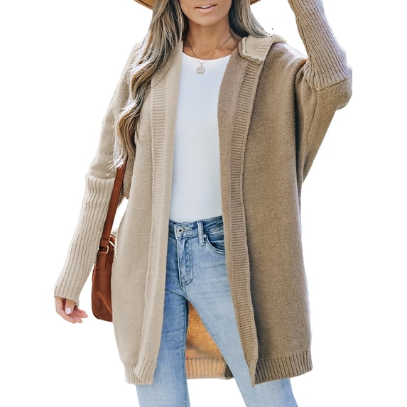 SHEWIN Hooded Cardigans for Women Oversized Sweaters Cable Knitted Womens Long Outerwear Color Block Hoodie Sweater Coat Brown