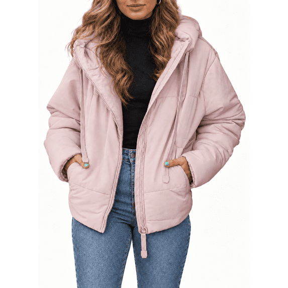SHEWIN Hooded Puffer Jacket for Women with Full Zipper Drawstring Winter Cropped Coat with Pockets Petite