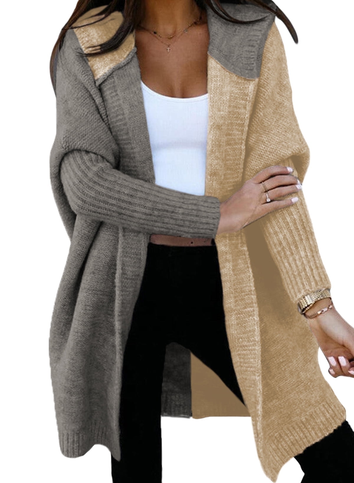SHEWIN Women's Hooded Cardigan Sweaters Casual Color Block Knit Open ...