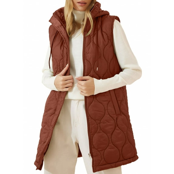 SHEWIN Long Puffer Vest for Women Hooded Puffer Jacket Lightweight Sleeveless Quilted Jackets Winter Warm Zip Up Coat Outerwear