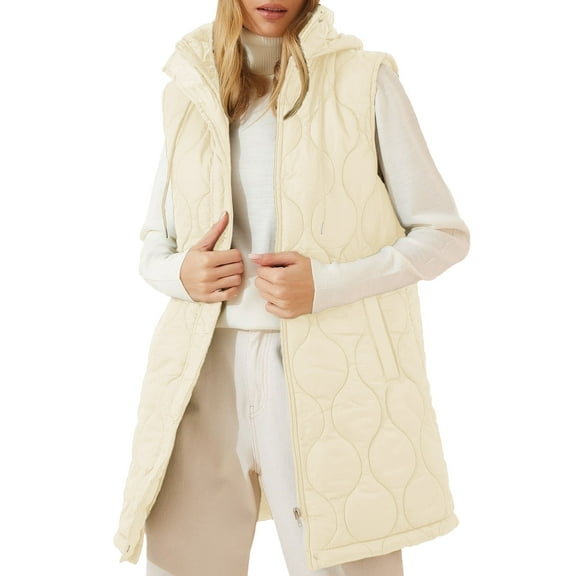 SHEWIN Vest for Women Long Puffer Vest Full Zipper Hooded Jackets Casual Winter Warm Quilted Coat Outerwear with Pockets White