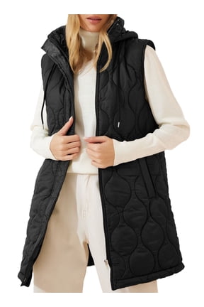 Womens Vest Long Puffer Vest Full Zipper Hooded Jackets Winter Warm Casual Sleeveless Quilted Coat Outerwear with Pockets Plus Size Color Block