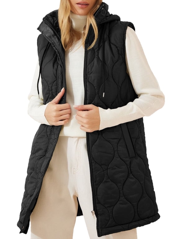 Womens Puffer Vest Long Full Zipper Hooded Winter Warm Casual Sleeveless Quilted Vests with Pockets Plus Size Black