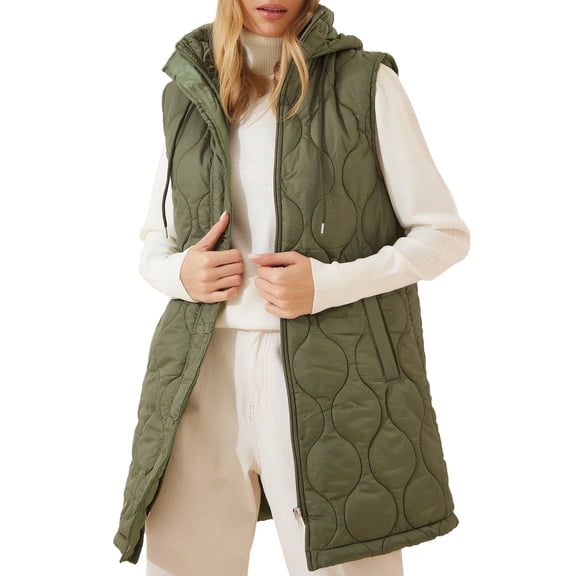 SHEWIN Long Puffer Vest for Women Hooded Lightweight Sleeveless Quilted Vests Winter Warm Zip Up Green
