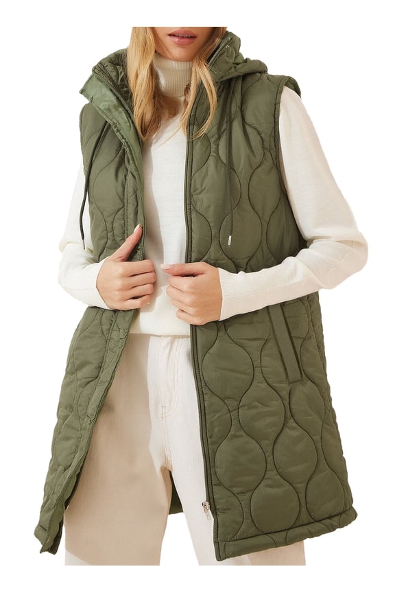 Womens Puffer Vest Full Zipper Hooded Long Quilted Jackets Sleeveless Winter Warm Coat Outerwear Green