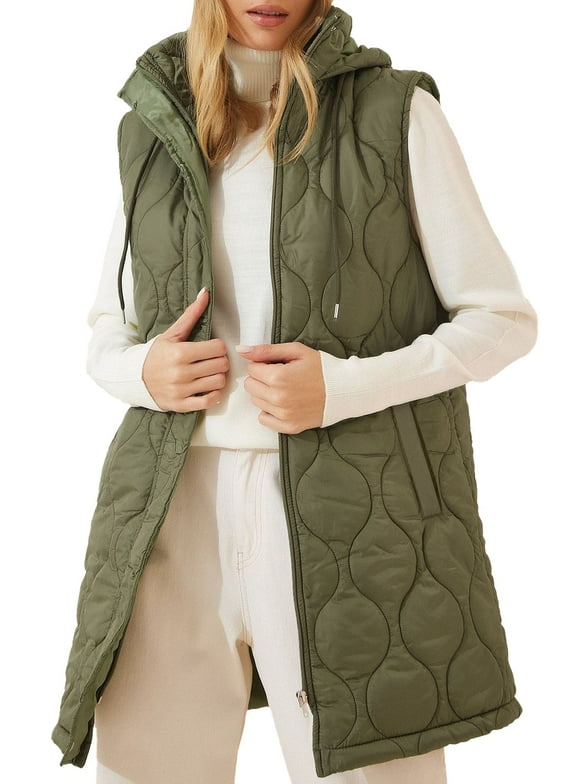 Womens Puffer Vest Full Zipper Hooded Long Quilted Jackets Sleeveless Winter Warm Coat Outerwear Green