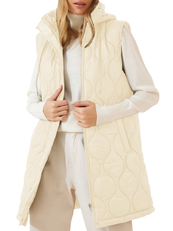 Womens Puffer Vest Full Zipper Hooded Long Quilted Sleeveless Winter Warm Vest White