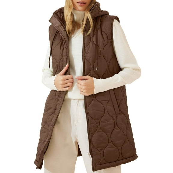 SHEWIN Vest for Women Long Puffer Vest Full Zipper Hooded Jackets Casual Winter Warm Quilted Coat Outerwear with Pockets Brown