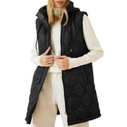 SHEWIN Womens Full Zipper Puffer Vest Drawstring Hooded Jackets Sleeveless Long Quilted Coat with Pockets Color Block