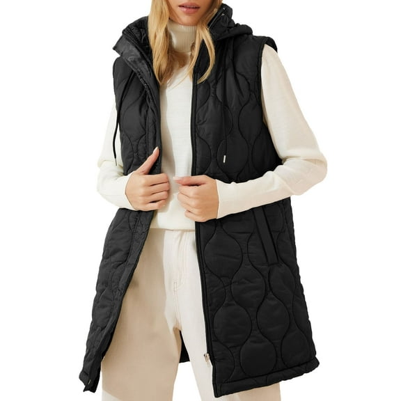 SHEWIN Long Puffer Vest for Women Hooded Puffer Jacket Lightweight Sleeveless Quilted Jackets Winter Warm Zip Up Coat Outerwear Color Block