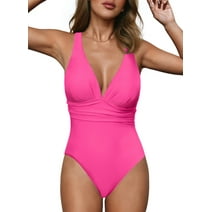 SHEWIN One Piece Swimsuits for Women Sexy V Neck Ruched Bathing Suits Crisscross Back Racerback Aehletic Monokini Padded Swimwear Pink m