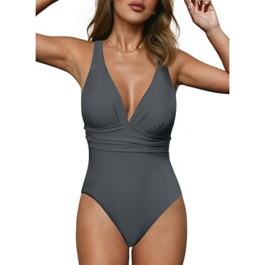 SHEWIN One Piece Swimsuits for Women Sexy V Neck Tummy Control Criss Cross Back Bathing Suits Ruched Slimming Racerback Athletic Swimwear Gray L