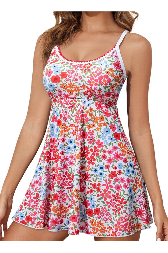 One Piece Swimsuits for Women Vintage Swimdress with Floral Printed Tummy Control Bathing Suit High Waisted Beachwear with Pocket