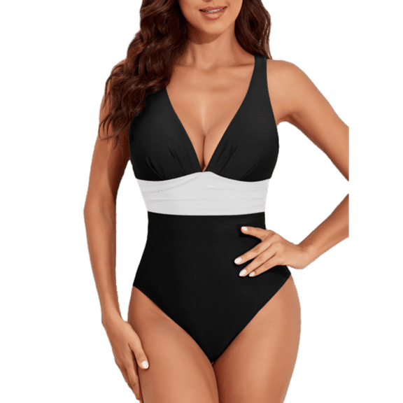 SHEWIN One Piece Swimsuits for Womens Criss-Cross Back V Neck Bathing Suits Vintage Racerback High Waisted Athletic Swimwear Black Printed m