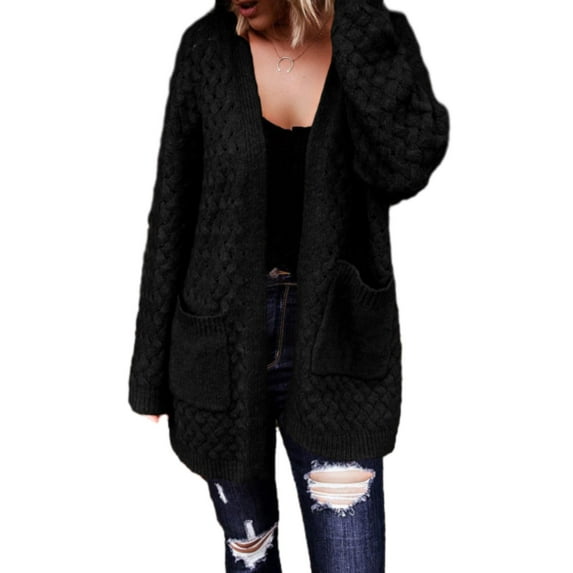 SHEWIN Open Front Cardigans for Women Oversized Cardigan Sweaters Long Sleeve Chunky Cable Knit Fall Outwear Coat with Pockets Black
