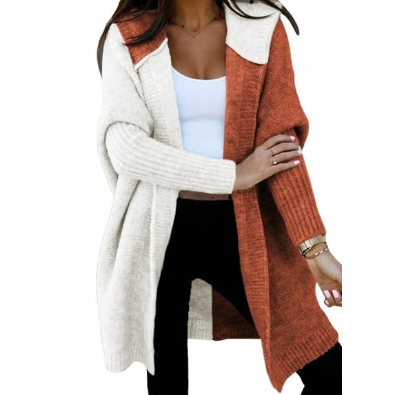 SHEWIN Open Front Oversized Hooded Cardigans for Women Cable Knitted Long Outerwear Coat Color Block Hoodie Sweater Jacket Brown