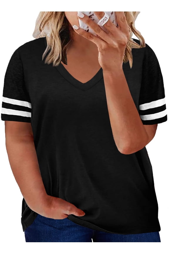 Plus Size Womens T Shirts Oversized Blouse Plus Size V Neck Black Short Sleeve Loose Tee Shirts 4XL
