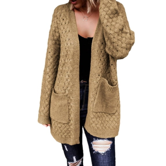 SHEWIN Oversized Cardigan Sweaters for Womens Cardigans Open Front Long Sleeve Chunky Cable Knit Fall Outwear Coat with Pockets Khaki