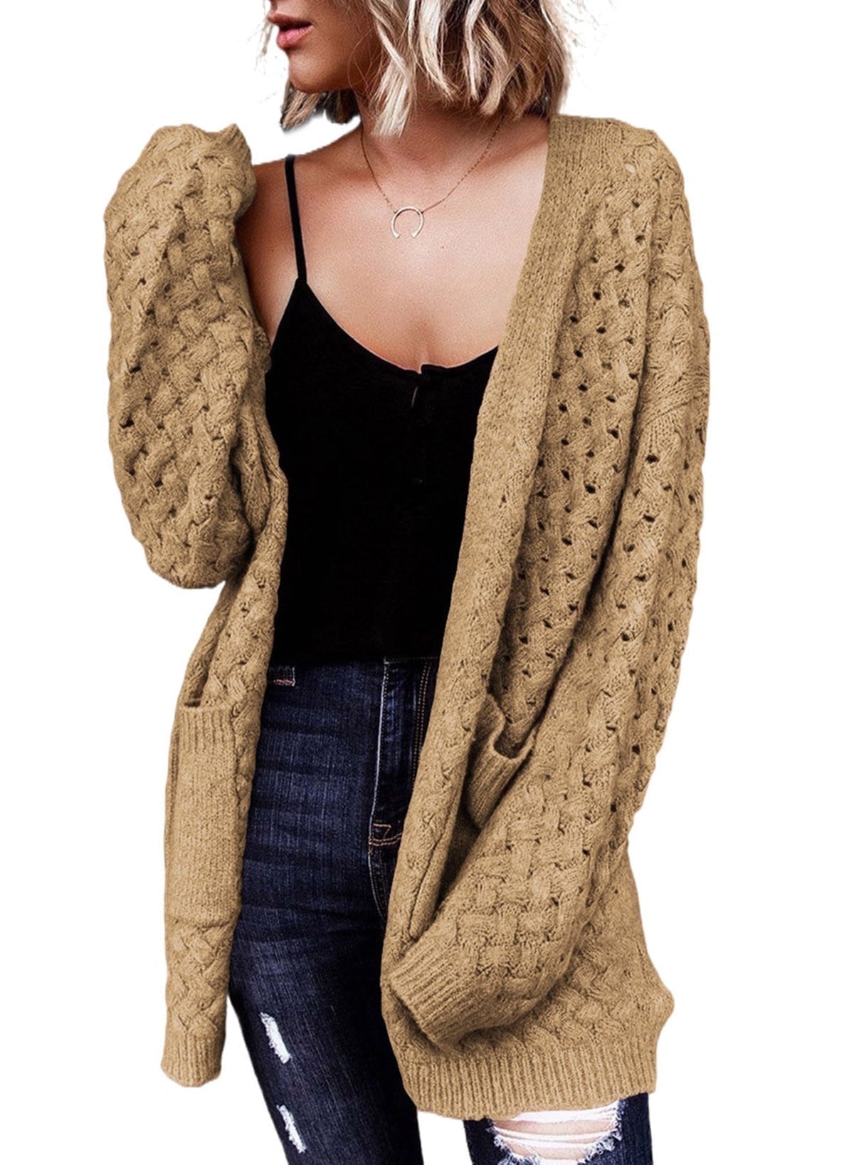 SHEWIN Women's Cable Knit Cardigan, Long Sleeve, Button Down, Open ...