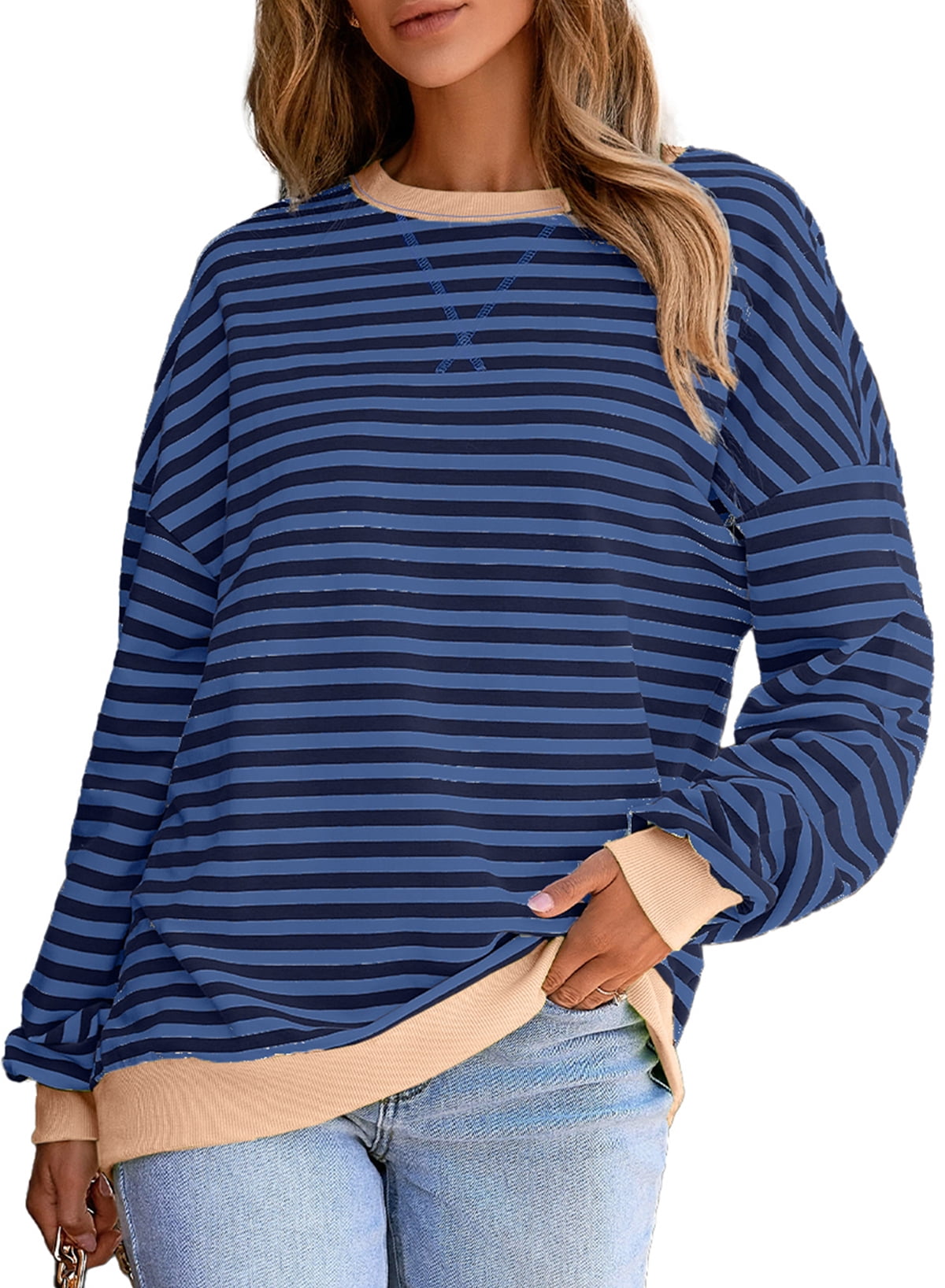 Plus Sweatshirts Stripe Pullover Crewneck Blouse Loose Fit Plus Size Sweatshirts for Women 3X