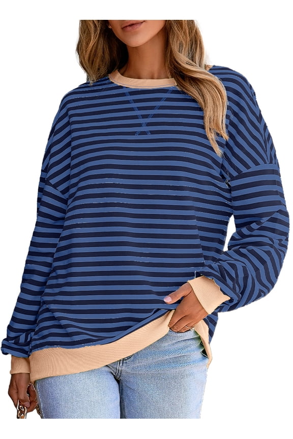 Plus Sweatshirts Stripe Pullover Crewneck Blouse Loose Fit Plus Size Sweatshirts for Women 3X