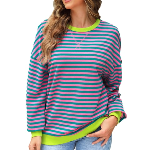 Plus Sweatshirts Stripe Pullover Crewneck Blouse Loose Fit Plus Size Sweatshirts for Women 3X