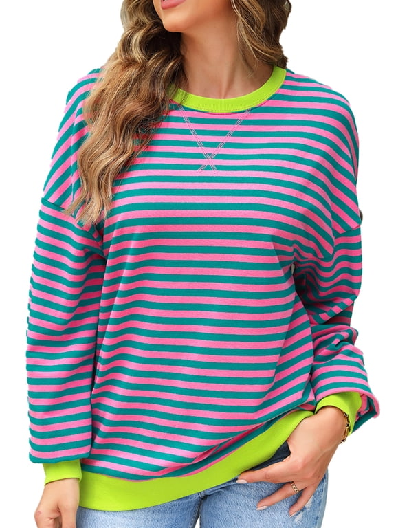 Plus Sweatshirts Stripe Pullover Crewneck Blouse Loose Fit Plus Size Sweatshirts for Women 3X