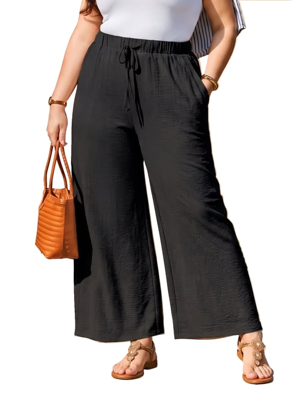 Womens Plus Size Pants Wide Leg Pants Palazzo Drawstring Elastic Waist Lounge Pants Spring Summer Lightweight with Pockets Black 2X