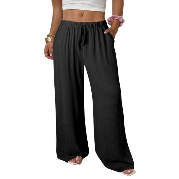 SHEWIN Pants for Women Plus Size Pant Wide Leg Pants Palazzo Drawstring Elastic Waist Lounge Pants Spring Summer Lightweight with Pockets Black 2X