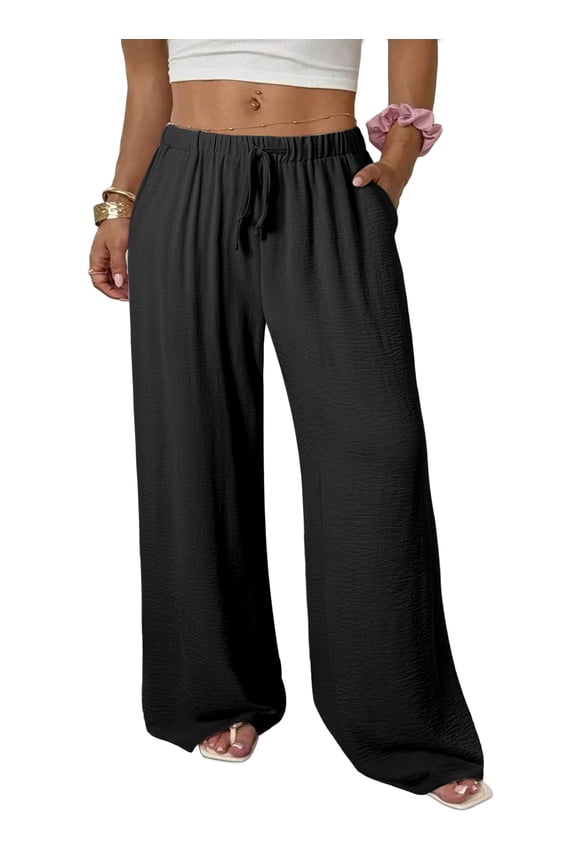 Womens Plus Size Pants Wide Leg Pants Palazzo Drawstring Elastic Waist Lounge Pants Spring Summer Lightweight with Pockets Black 4X